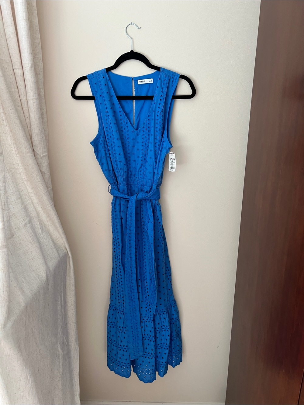 Sonoma Royal Blue Eyelet V-Neck Maxi Dress with Self-Tie Waist
